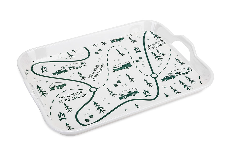 Camco Melamine RV Serving Tray is Better at The Campsite - Features RV & Map Themed Design - Great for Kitchen Prep, Picnics, Grilling, and More - Serving Platter is Dishwasher Safe (53488)