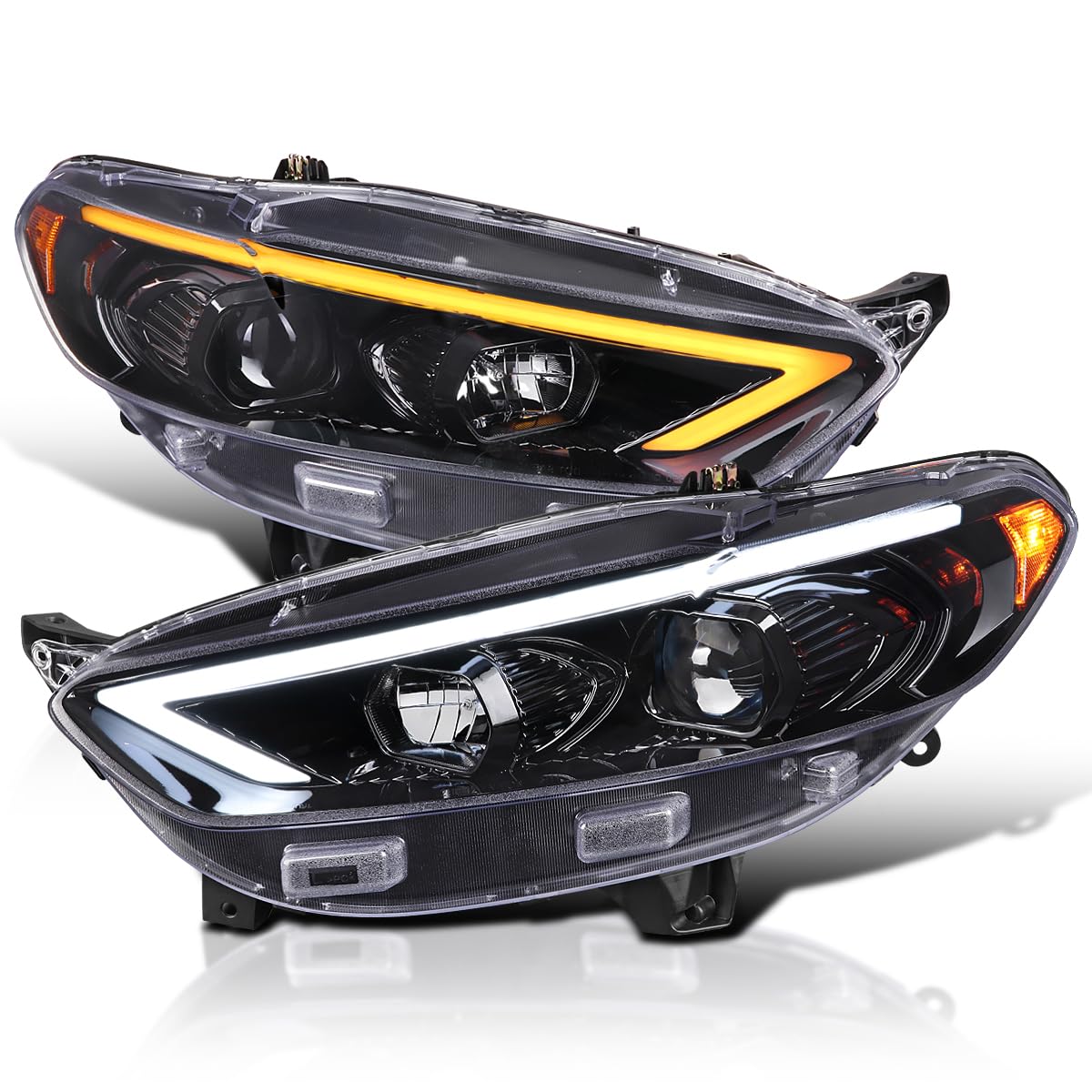 Jet Black SPEC-D TUNING Projector Headlights w/Sequential Switchback LED Tube Signal Compatible with 2013-2016 Ford Fusion, Left + Right Pair Headlamp Assembly