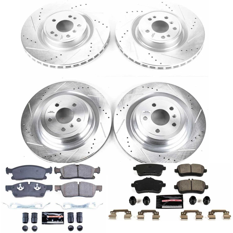 Power Stop K7445 Z23 Carbon Fiber Brake Pads Front and Rear with Drilled & Slotted Brake Rotors Kit and 1 Front & 1 Rear Sensor Wires For GL350, GL450, GLS3, GLS450 [Model Specific]