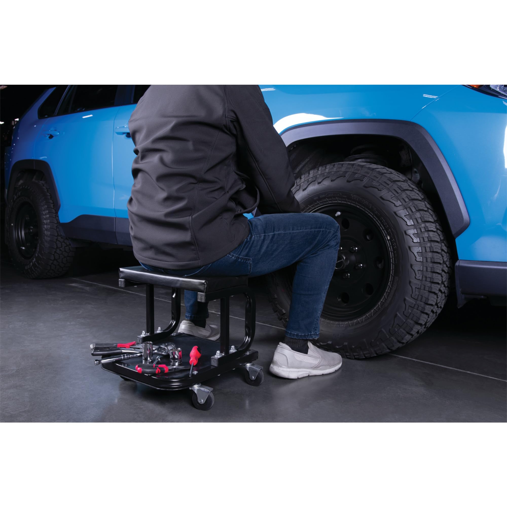 C-Frame Performance Tool W85007 Rolling Work Seat with Tool Tray for Mechanic Garages and Workshops, Black, 11.5 x 12.5-inch Tray