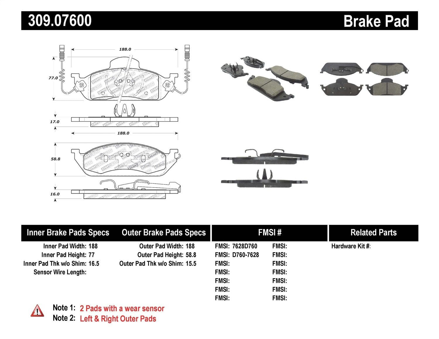 Sport Brake Pads StopTech 309.07600 with Shims and Hardware