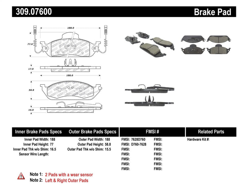 Sport Brake Pads StopTech 309.07600 with Shims and Hardware