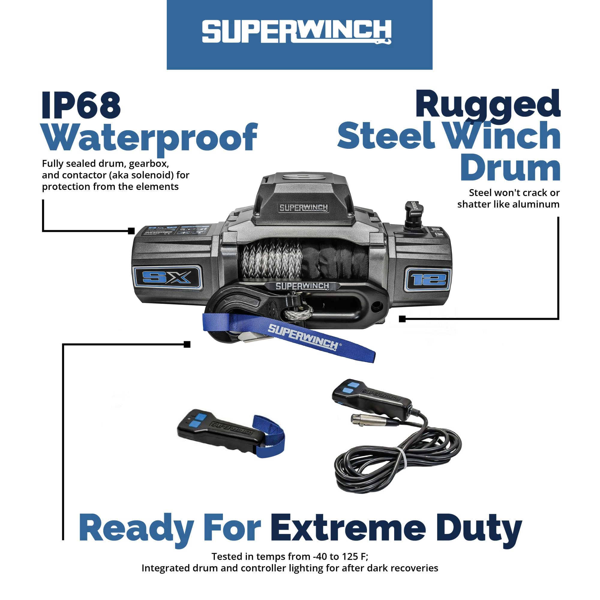 SX12SR Superwinch 1712201 12V DC Electric Waterproof Recovery Winch 12,000lb/5,443kg Single Line Pull with Hawse Fairlead 3/8in x 85ft Synthetic Rope Corded Handheld and Wireless Remote No-Bind Clutch