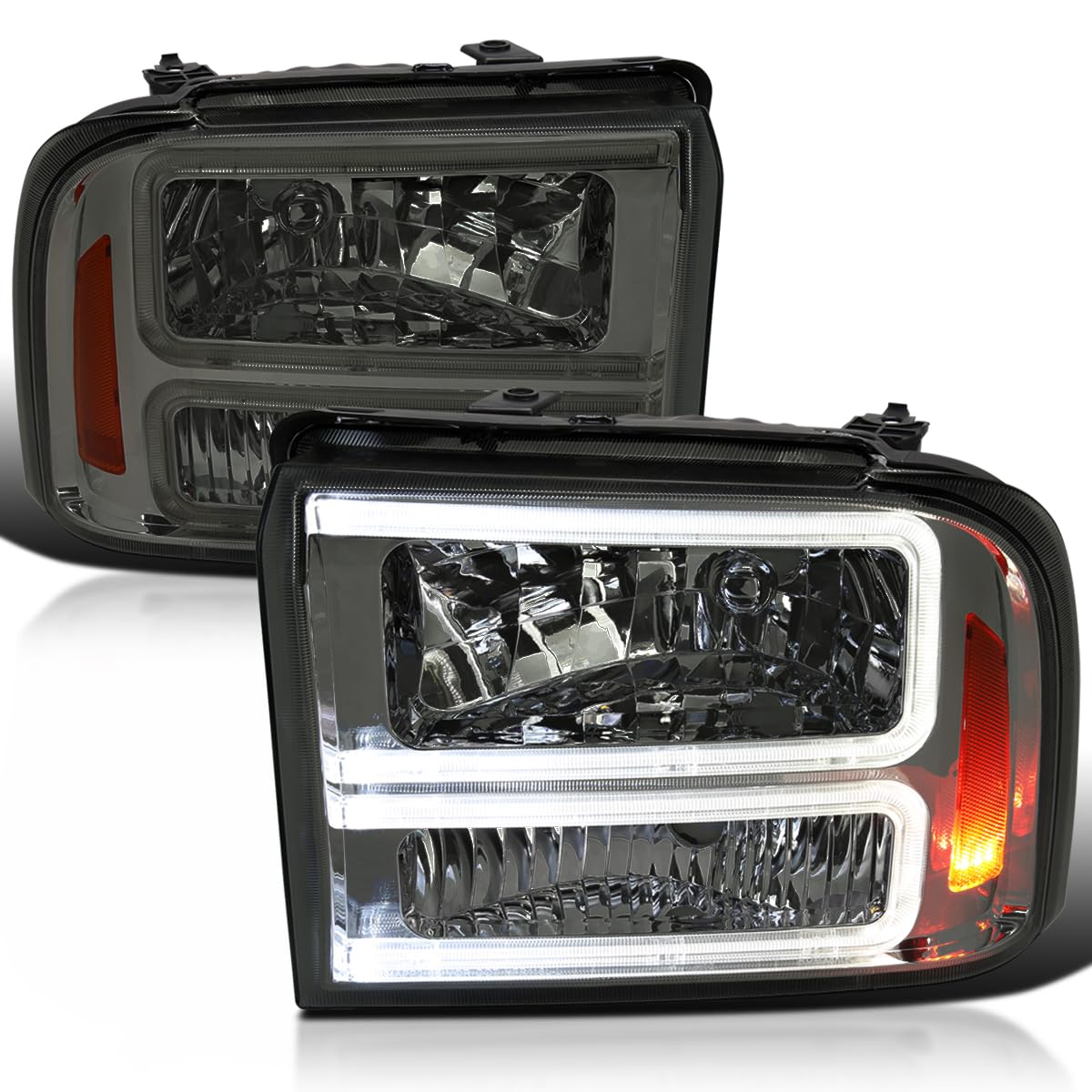 Smoke Lens SPEC-D TUNING LED BAR Headlights Compatible with 2005-2007 Ford F250 F350 F450 F550 Super Duty, Left + Right Pair Headlamps Assembly