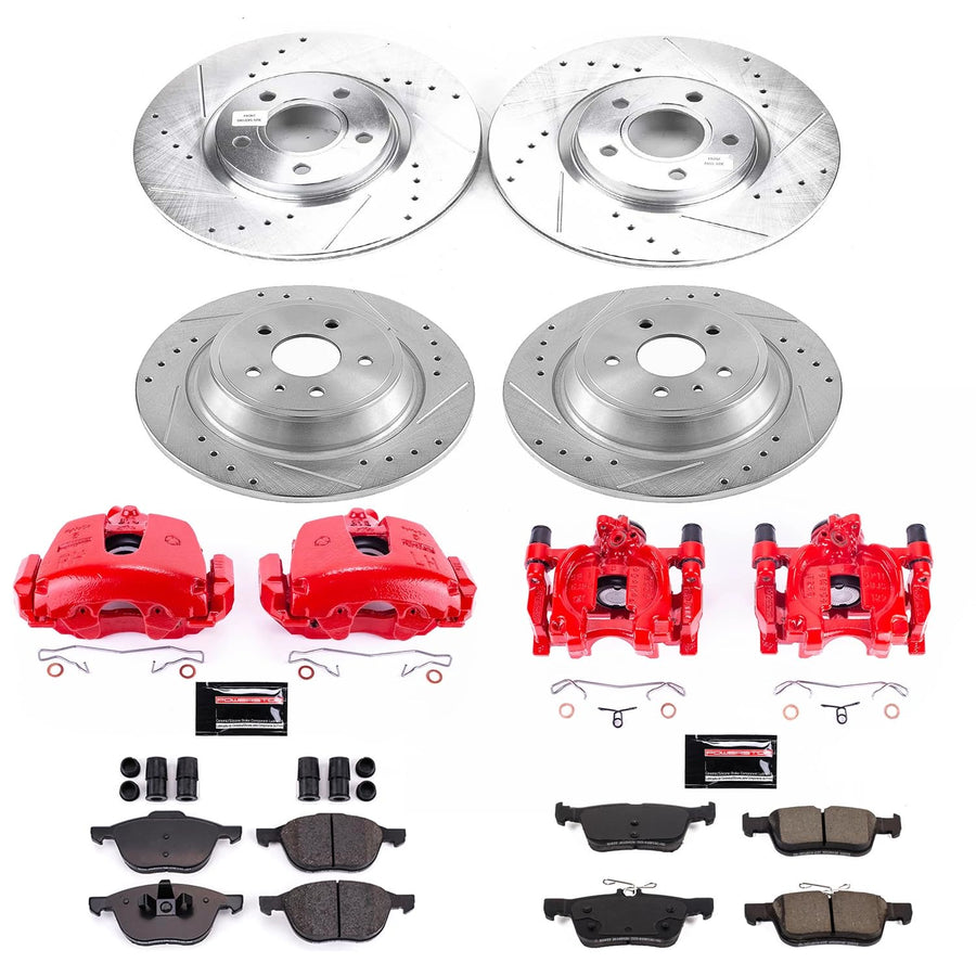 Power Stop Z23 Evolution Front and Rear Brake Kit-Drilled/Slotted Rotors, Carbon Ceramic Brake Pads & Calipers