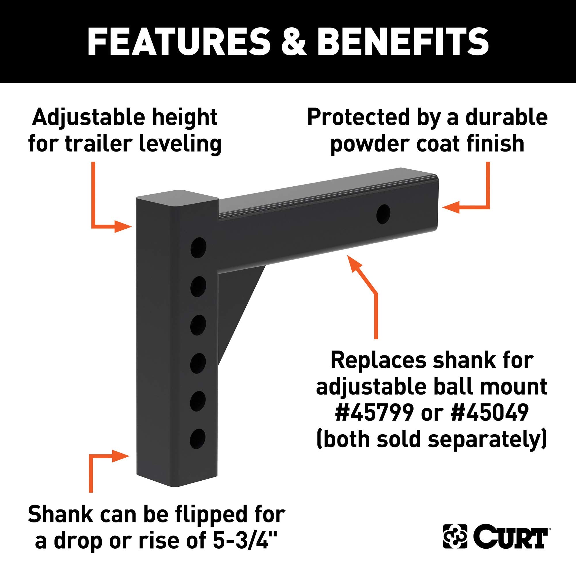 CURT Replacement Shank for Adjustable Trailer Hitch Ball Mount #45799 or #45049, Fits 2-Inch Receiver 45059