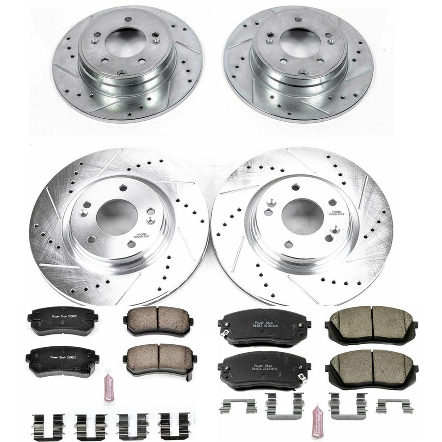 Power Stop K6981 Z23 Carbon Fiber Brake Pads Front and Rear with Drilled & Slotted Brake Rotors Kit For Hyundai Sonata 2015 [Model Specific]