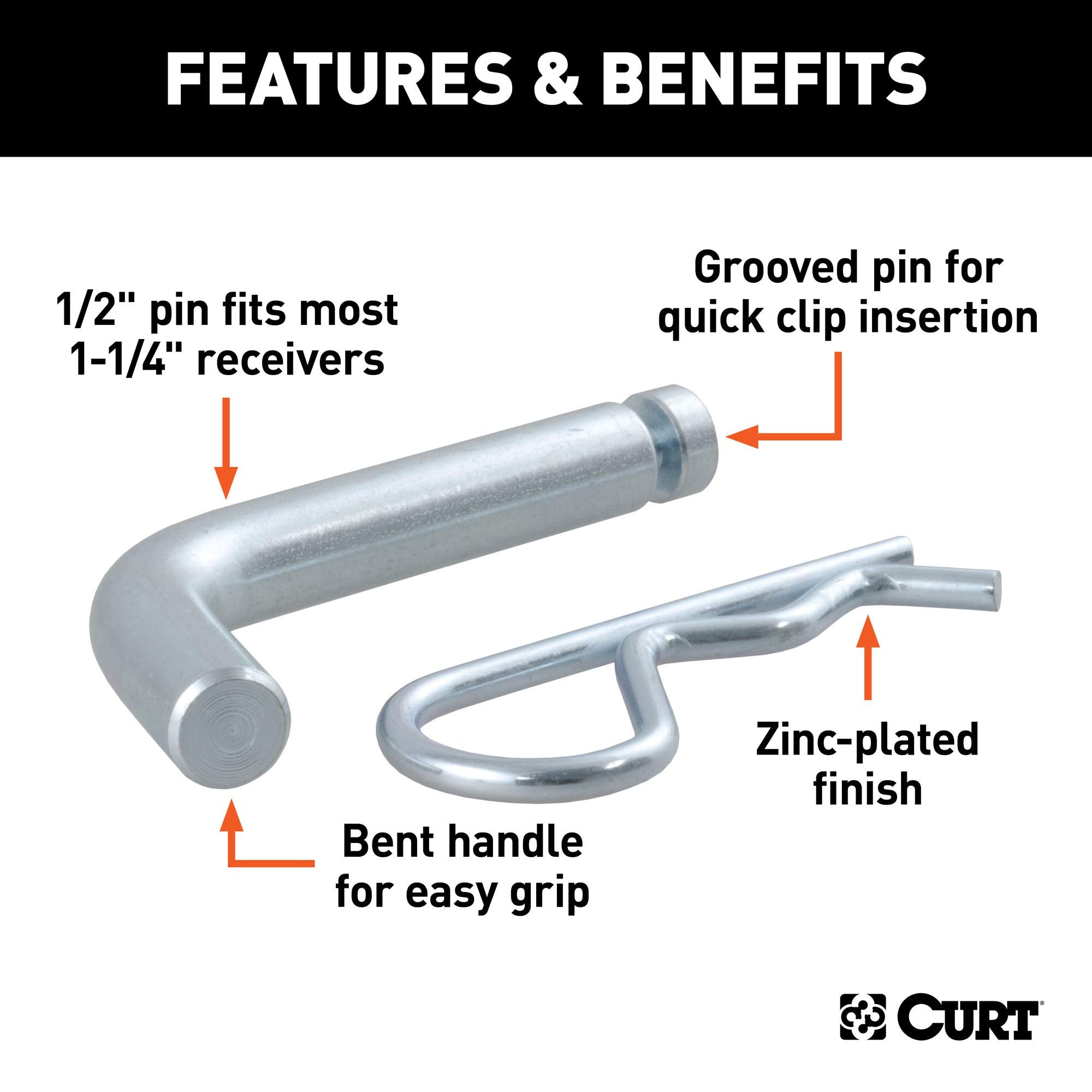 CURT Trailer Hitch Pin & Clip with Grooved Head, 1/2-Inch Diameter, Fits 1-1/4-Inch Receiver, Clear ZINC