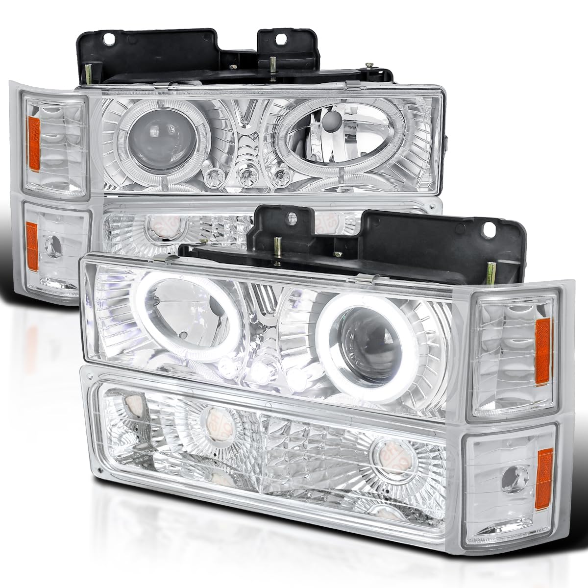 Halo Projector Headlights + Bumper Lights + Corner SPEC-D TUNING Compatible with 1994-1998 Chevy C10 C/K 1500/2500/3500, Tahoe Suburban Left + Right Headlamps Assembly