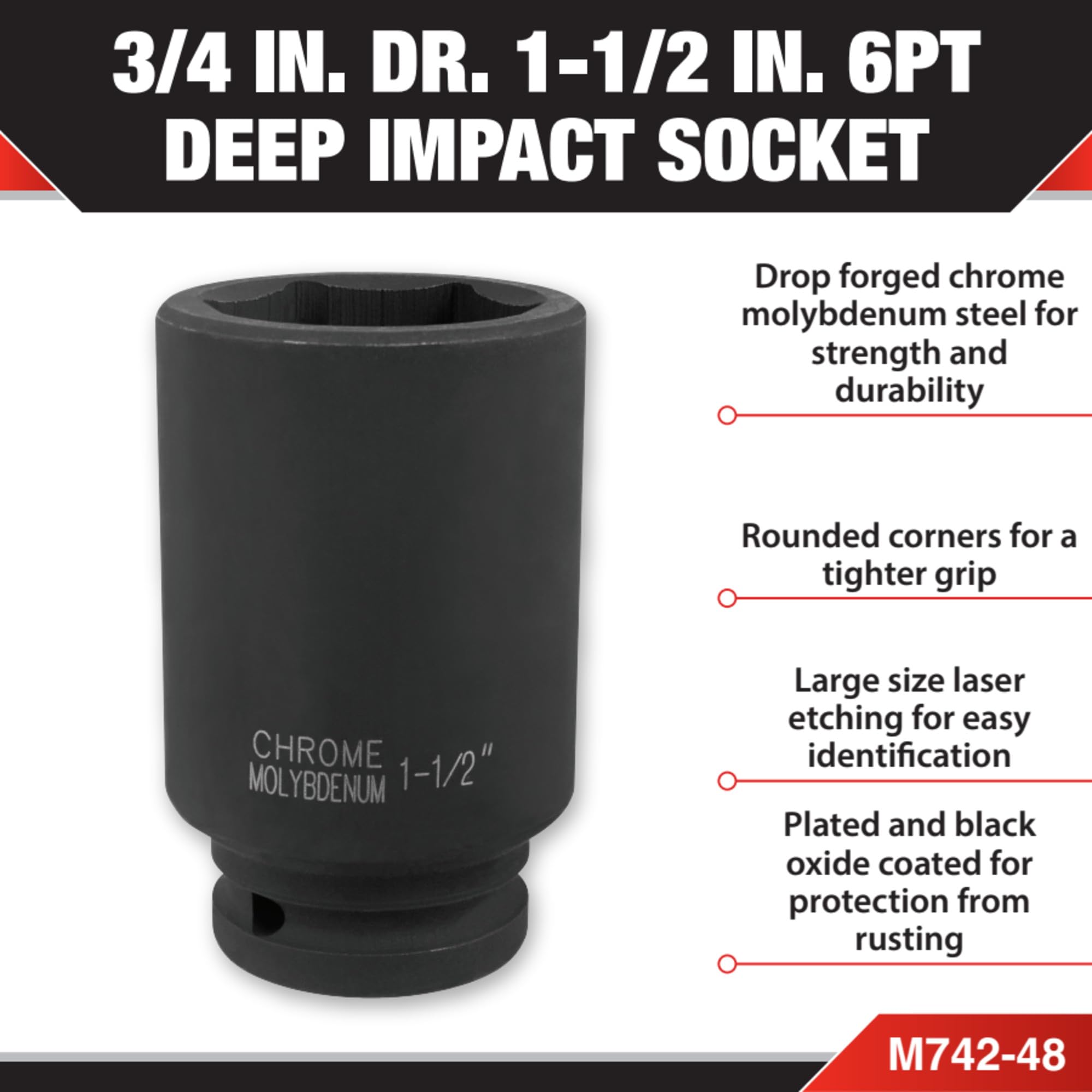 M742-48 Performance Tool, 3/4-Inch Drive 1-1/2-Inch 6pt Deep Wall Impact Socket - Chrome Moly Steel, Black Oxide Coated