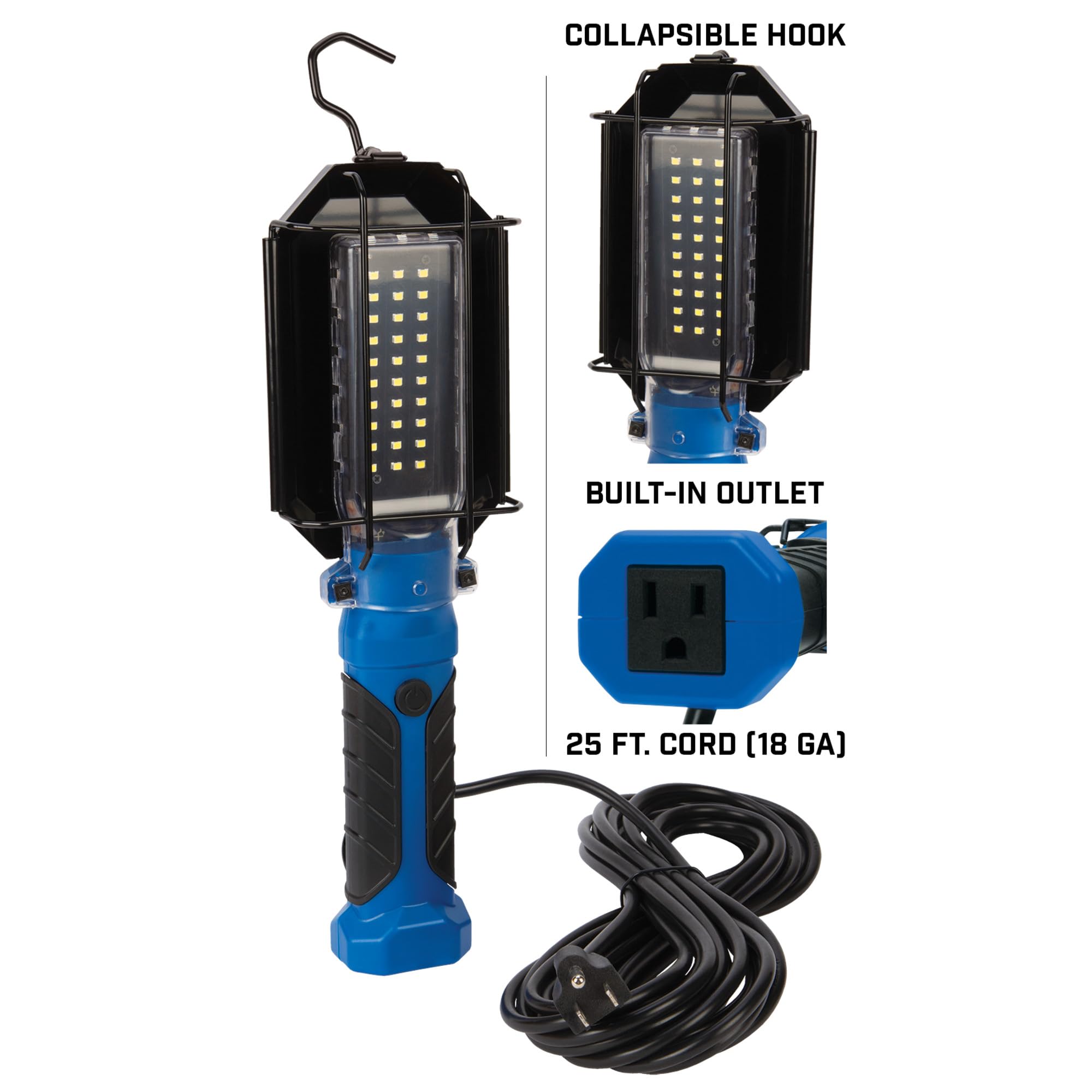 W2237 Performance Tool 25' 18GA 1,000 lumen 120V LED Drop Light with Extra Built in 120V Outlet, 1 Pack