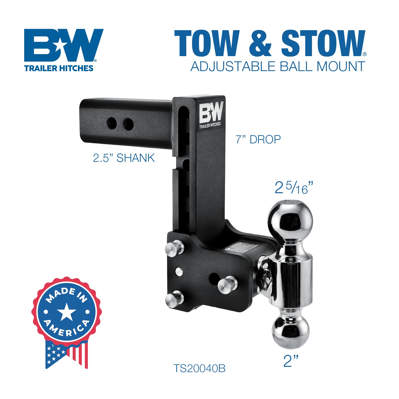 Tow & Stow B&W Trailer Hitches Adjustable Trailer Hitch Ball Mount - Fits 2.5" Receiver, Dual Ball (2" x 2-5/16"), 7" Drop, 18,000 GTW - TS20040B