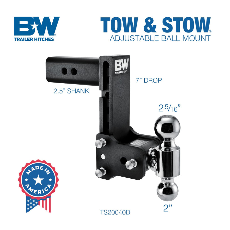 Tow & Stow B&W Trailer Hitches Adjustable Trailer Hitch Ball Mount - Fits 2.5" Receiver, Dual Ball (2" x 2-5/16"), 7" Drop, 18,000 GTW - TS20040B