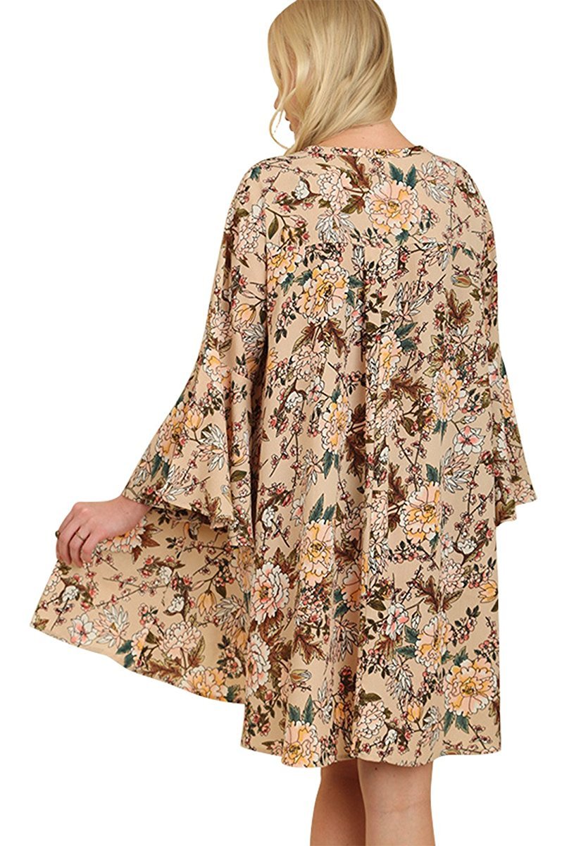 Boho USA Umgee Floral Print Hippie Dress Tunic with Keyhole Neckline and Bell Sleeves (1XL Plus, TAUPE MIX WR7517)