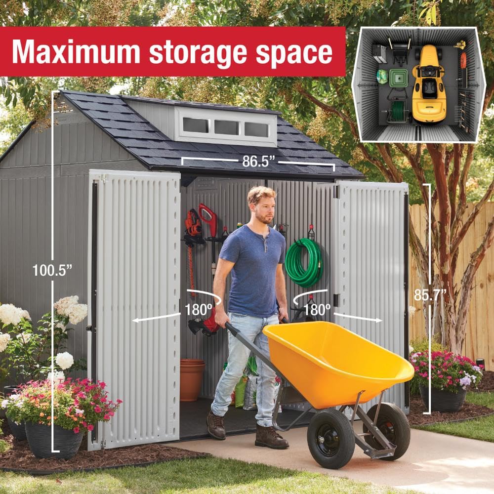 Rubbermaid Outdoor Resin Storage Shed With Floor (7 x 7 Ft) Weather Resistant Gray Organization for Home/Backyard/Garden Tools/Lawn Mower/Bike Storage/Pool Supplies