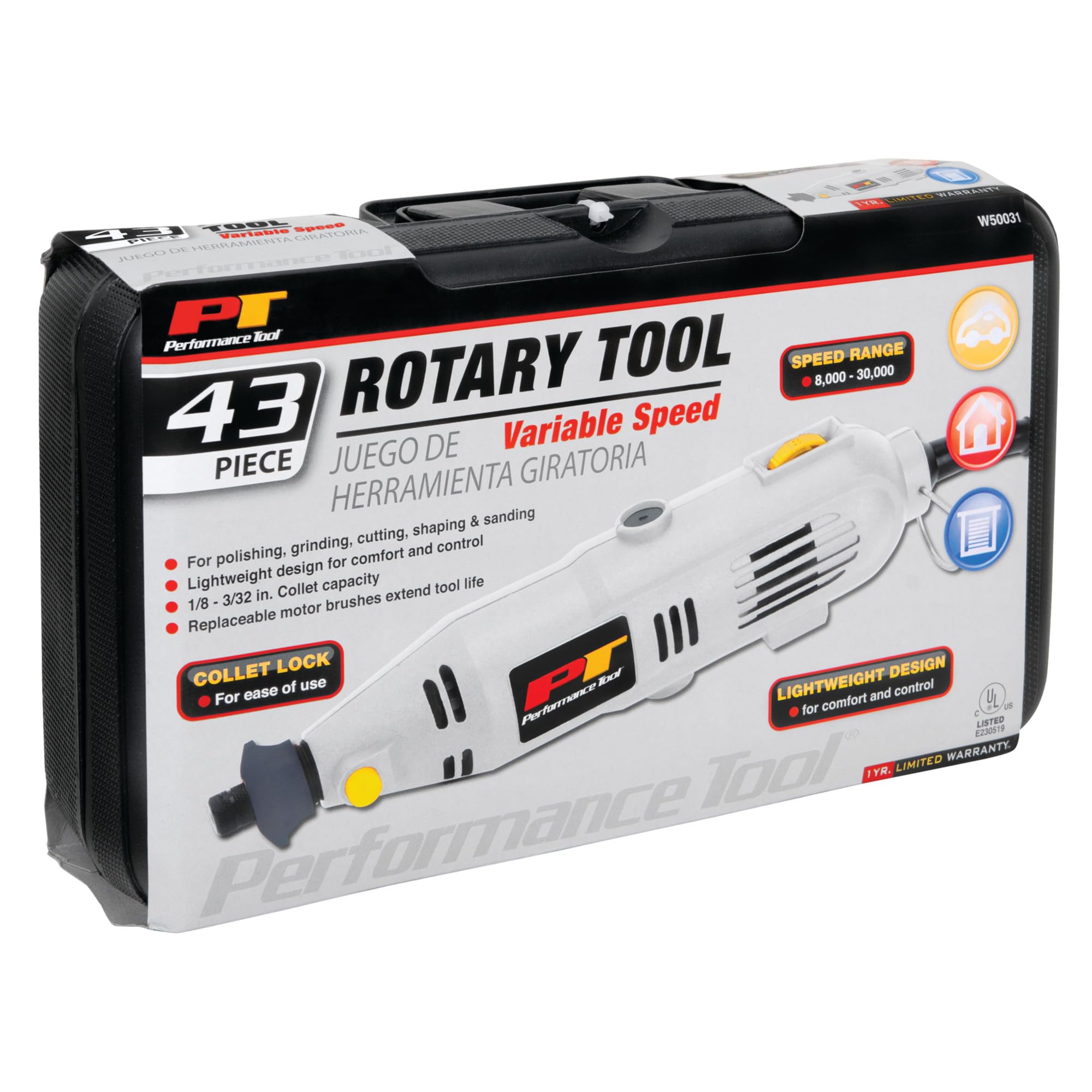 W50031 Performance Tool 43pc Advanced Multi-functional Rotary Tool Kit with Variable Speed & Collet Lock for Around-the-House and Crafting Projects With Case