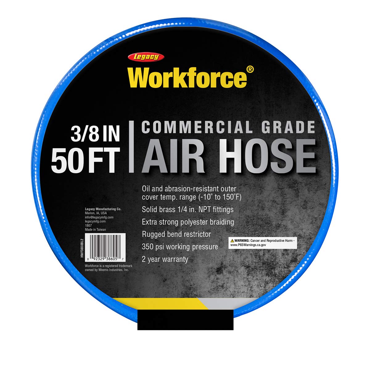 Air Hose Workforce, 3/8 in. x 25 ft., 1/4 Fittings, PVC, Blue - HWF3850BL2