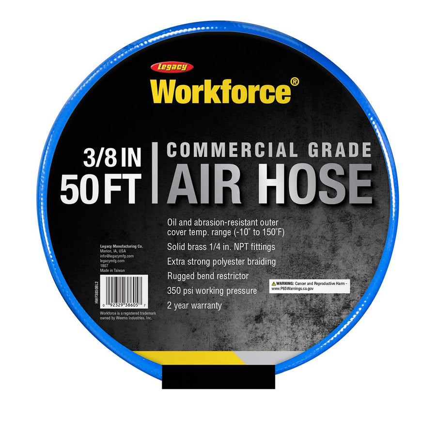 Air Hose Workforce, 3/8 in. x 25 ft., 1/4 Fittings, PVC, Blue - HWF3850BL2