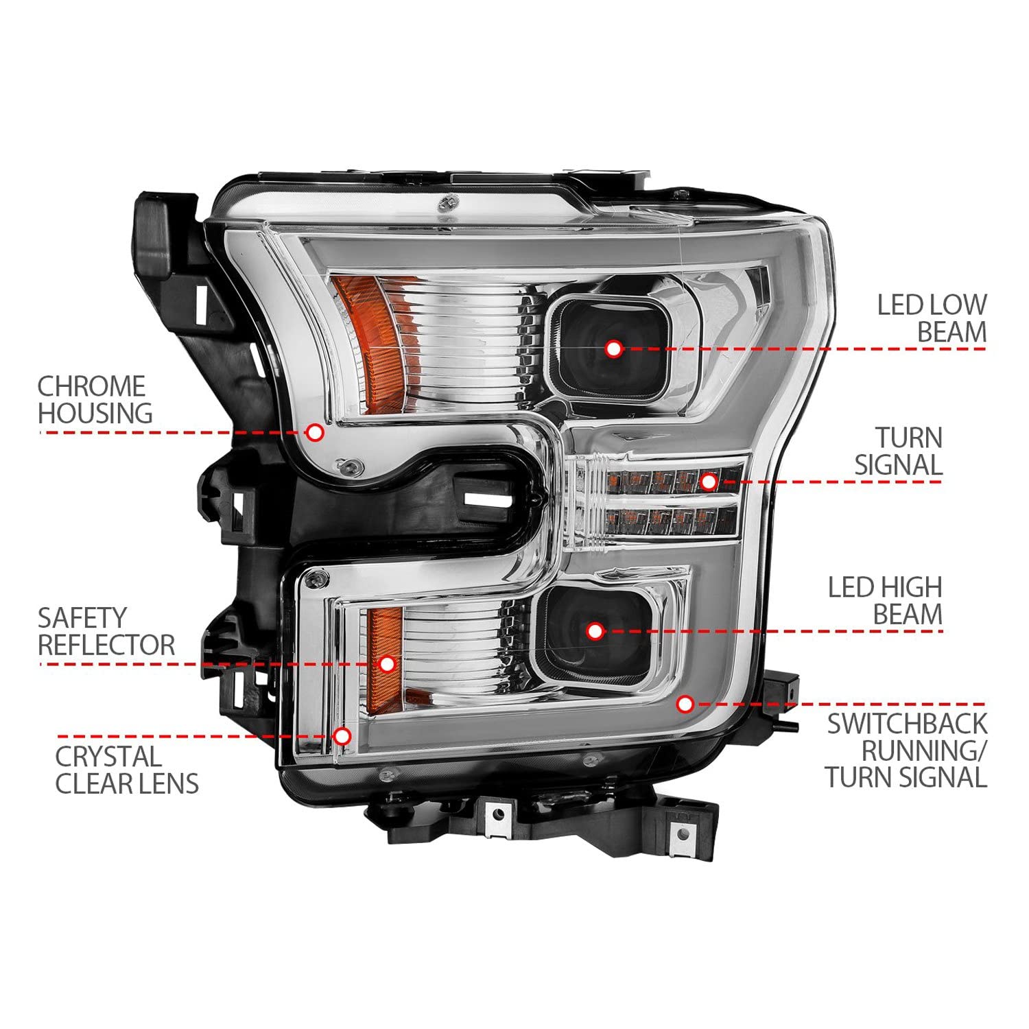 15-17 Ford F-150 ANZO LED Projector Headlights - w/Light Bar Switchback Chrome Housing (111548)
