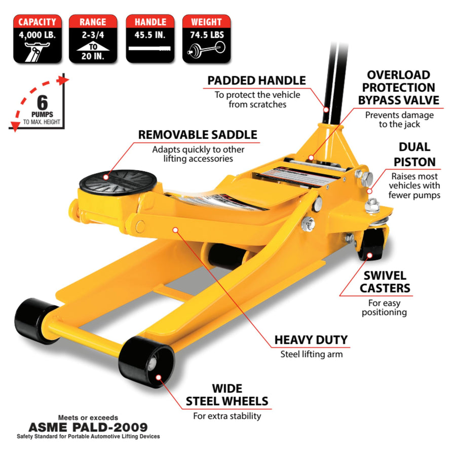 Low-Profile Performance Tool W1642 Professional Swiveling Floor Jack, 2-Ton Capacity, Lift Range 2-3/4-Inch to 20-Inch