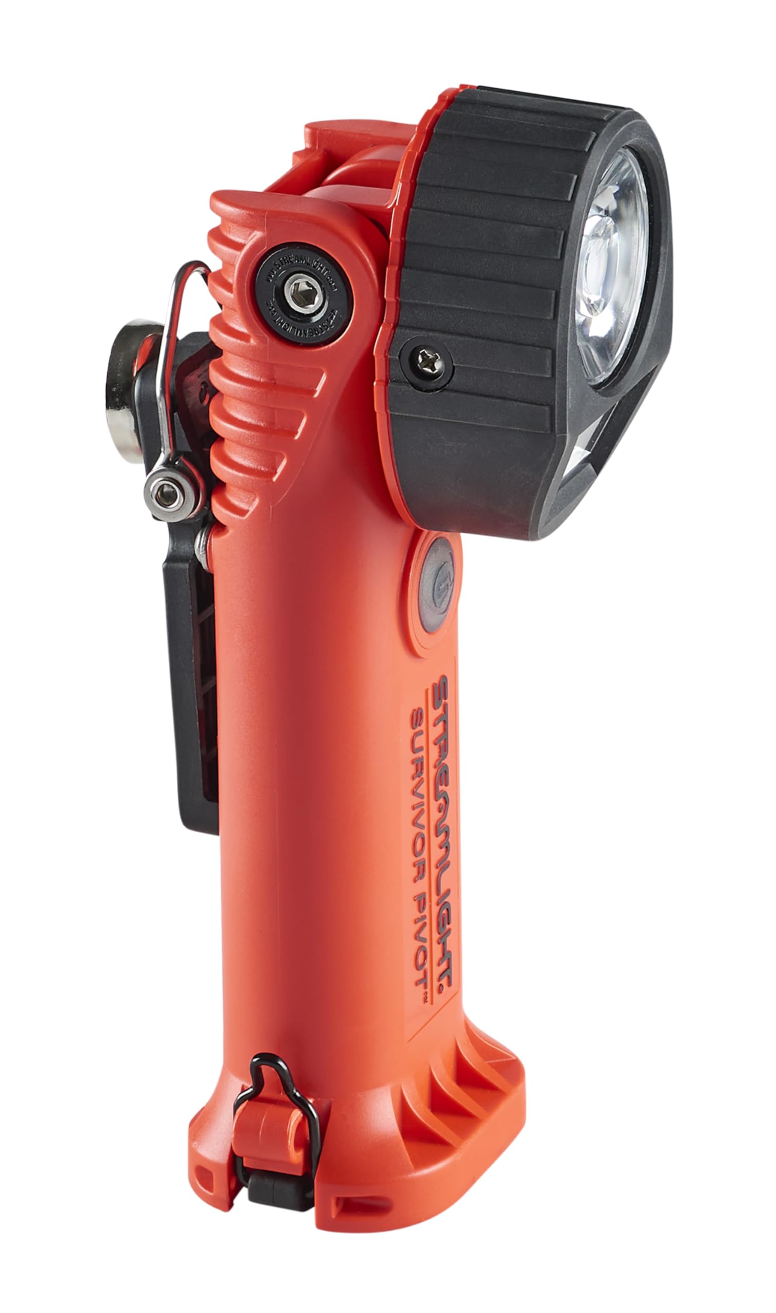 Streamlight Survivor Pivot 325-Lumen Right Angle Articulating Dual Beam Rechargeable Flashlight with 120V/100V AC/12V DC, Orange and Magnet Clip