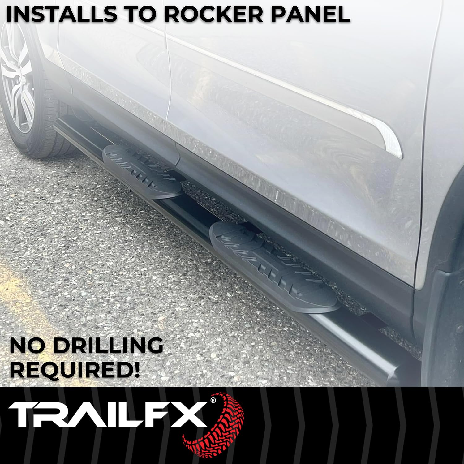 TrailFX Nerf Bar 4 Inch Oval Straight Fits 2024-2025 Toyota Tacoma Double Cab with Step Pads Rocker Panel Mount Powder Coated Titanium Matte Black Steel with Welded End Caps TrailFX T83A1559T