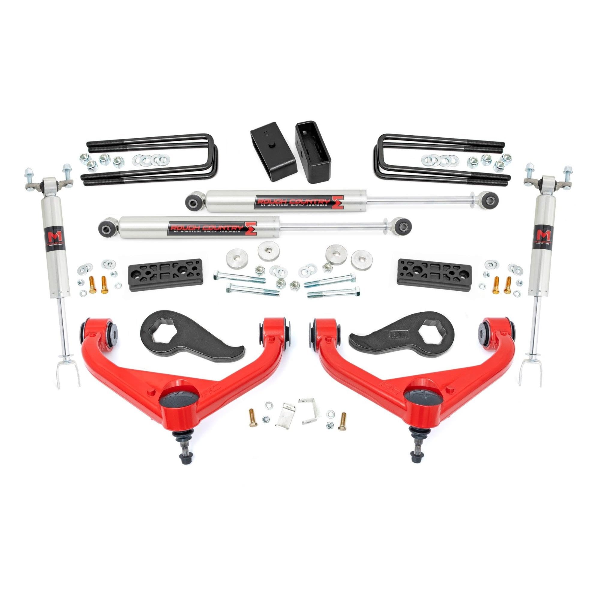 3" Rough Country Lift Kit with M1 Shocks for Chevy Silverado & GMC Sierra 3500HD Dually (2020-2025) - Red Control Arms