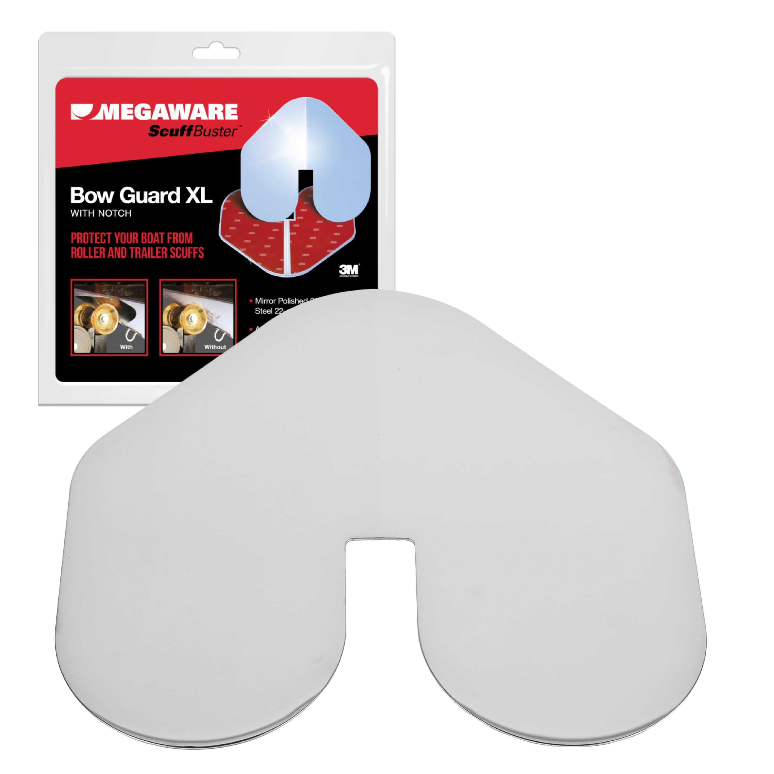 XL ScuffBuster Bow Guard Megaware - with Notch for Boats - Protects from Scuffs and Scratches - Stainless Steel Shield with 3M Adhesive - Mirror Polished Finish (9 x 8.75 in)