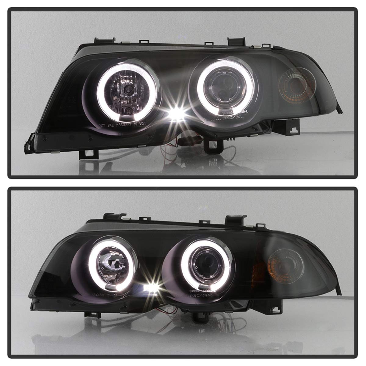 BMW E46 3-Series 99-01 Spyder 4DR Projector Headlights 1PC - LED Halo - Amber Reflector - Black Smoke - High H1 (Included) - Low H1 (Included)