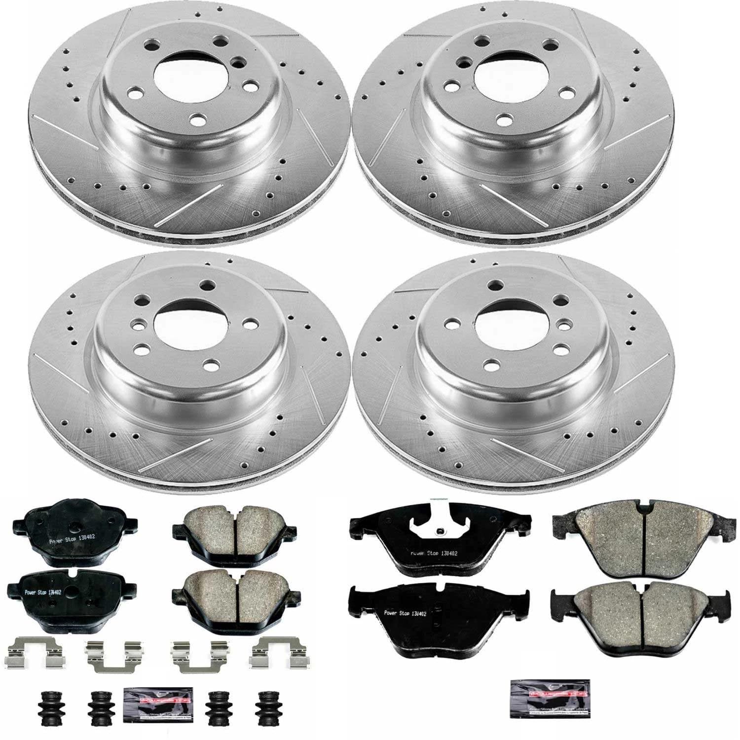 Power Stop K7237 Z23 Carbon Fiber Brake Pads Front and Rear with Drilled & Slotted Brake Rotors Kit For BMW 528i 2014-2016 [Model Specific]