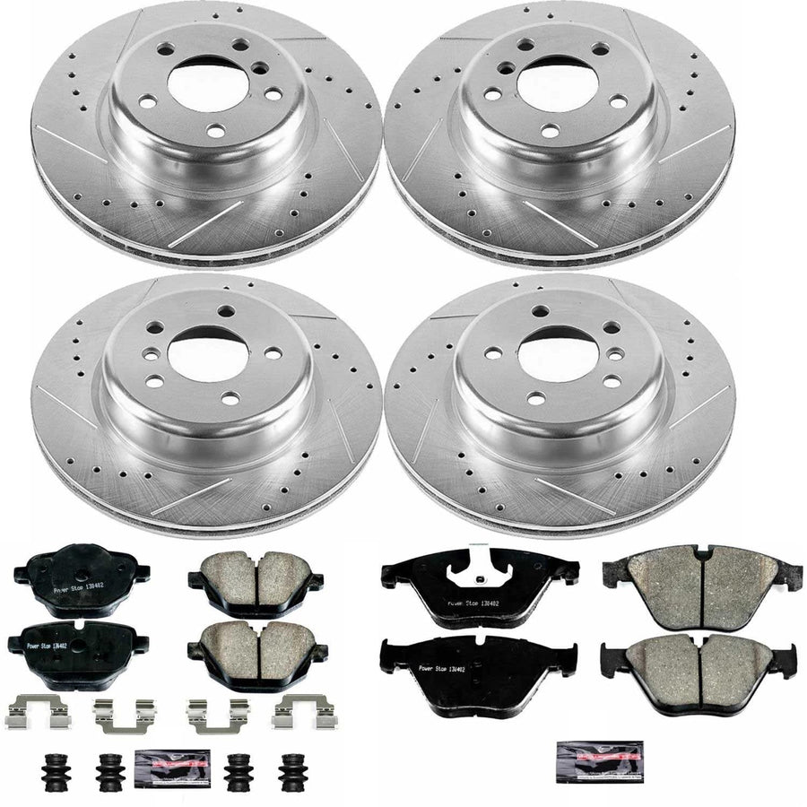 Power Stop K7237 Z23 Carbon Fiber Brake Pads Front and Rear with Drilled & Slotted Brake Rotors Kit For BMW 528i 2014-2016 [Model Specific]