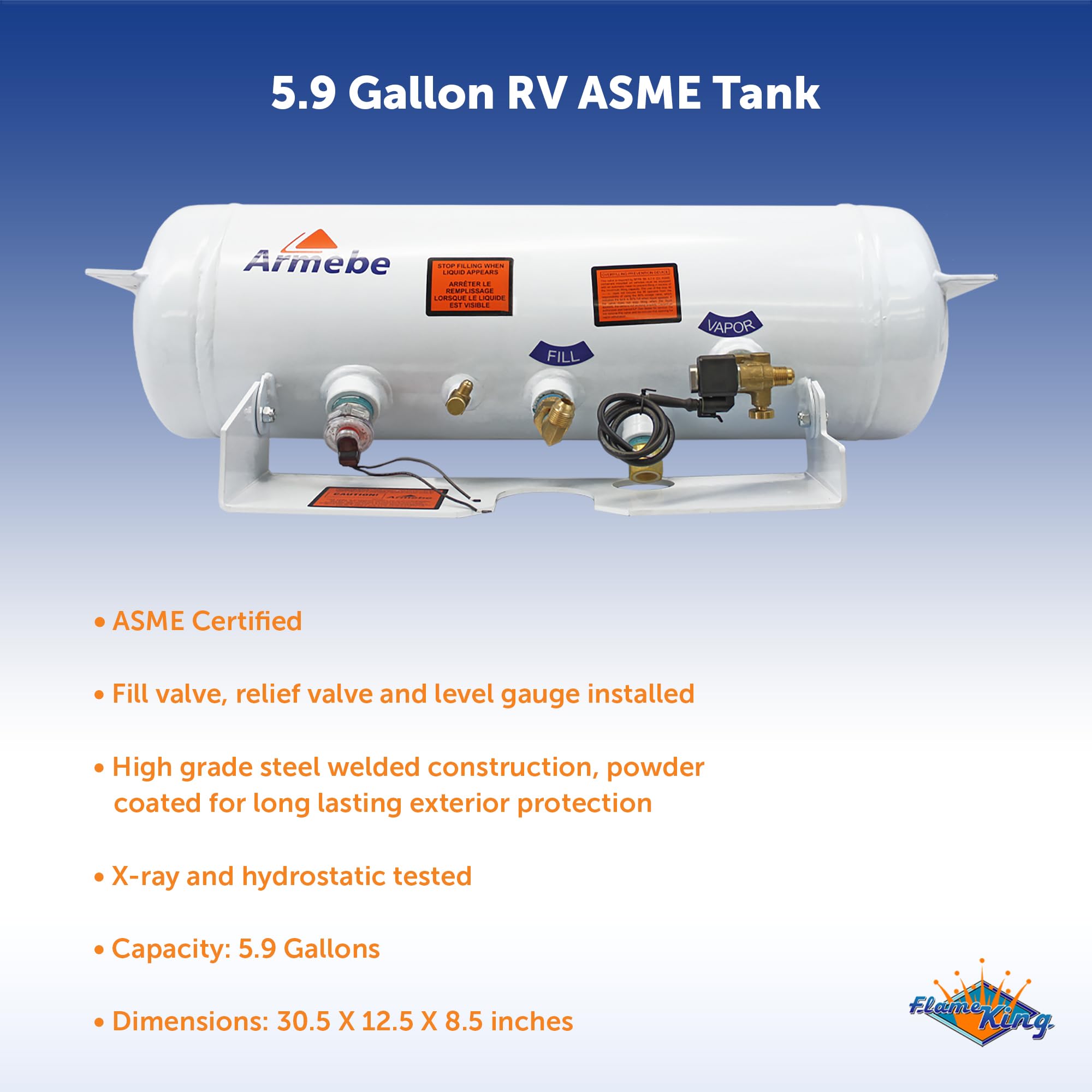 5.9 Gallon Flame King ASME Horizontal Steel Propane Tank with Remote Fill and Bleeder Fittings, Pressure Relief Valve, and Solenoid Service Valve