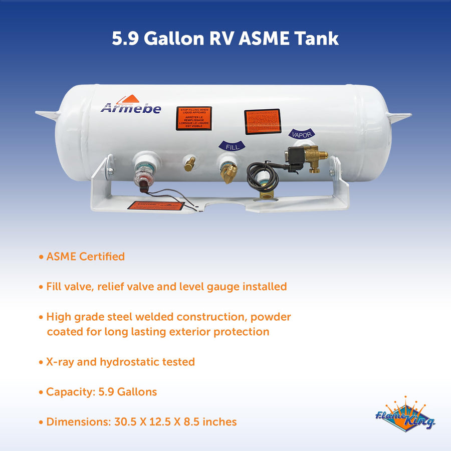 5.9 Gallon Flame King ASME Horizontal Steel Propane Tank with Remote Fill and Bleeder Fittings, Pressure Relief Valve, and Solenoid Service Valve