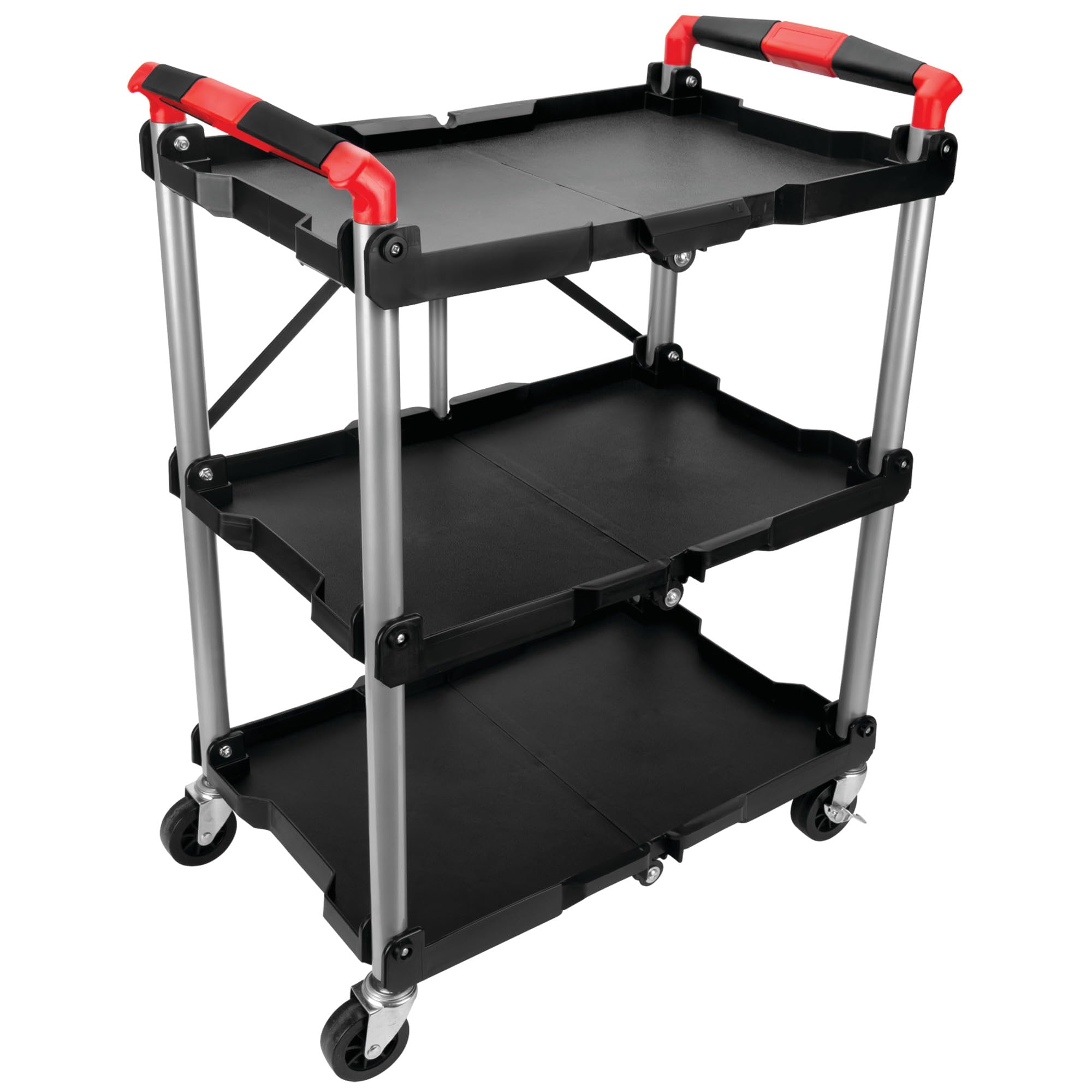 Folding Tool Cart Performance Tool W53990: 3-Shelf Rolling Cart, Collapsible, 200 lb Capacity, Aluminum Posts, Swivel Casters, No Assembly, Great for House, Home and Garage, Black