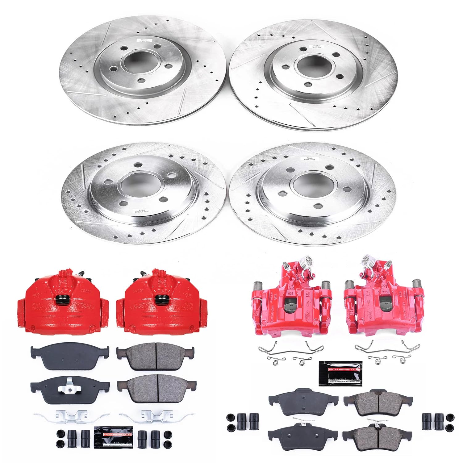 Power Stop Z23 KC6350 Evolution Front and Rear Caliper Kit-Drilled/Slotted Rotors, Carbon Ceramic Brake Pads & Calipers For Ford Focus 2013-2014 [Model Specific]