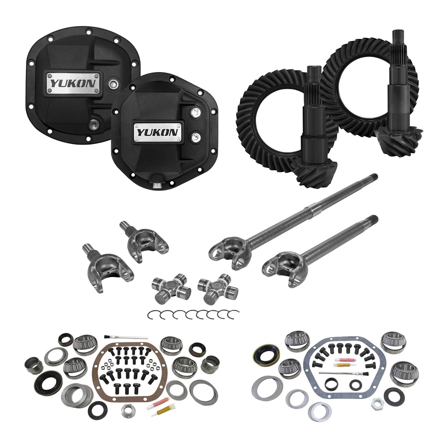 Stage 3 Re-Gear Kit Yukon w/Diff Covers for Dana 30/44, 4340 Chromoly Fr Axles, 4.56 Ratio, 24 Spline, Compatible with Jeep JK, YGK012STG3