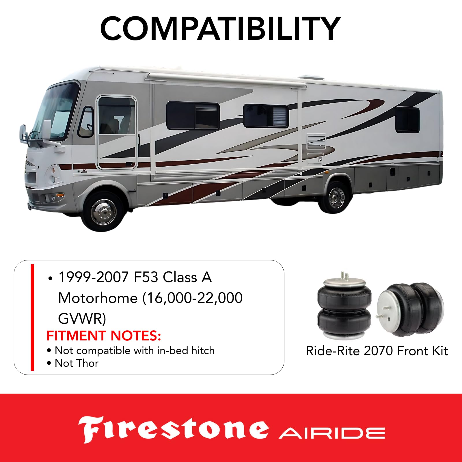 Firestone 2070 Airide Ride-Rite Front Springs Kit fits 1999-2007 F53 Class A Motorhome | 5-100 PSI | Load Capacity of 5,000 Pounds | Absorbs Road Vibrations