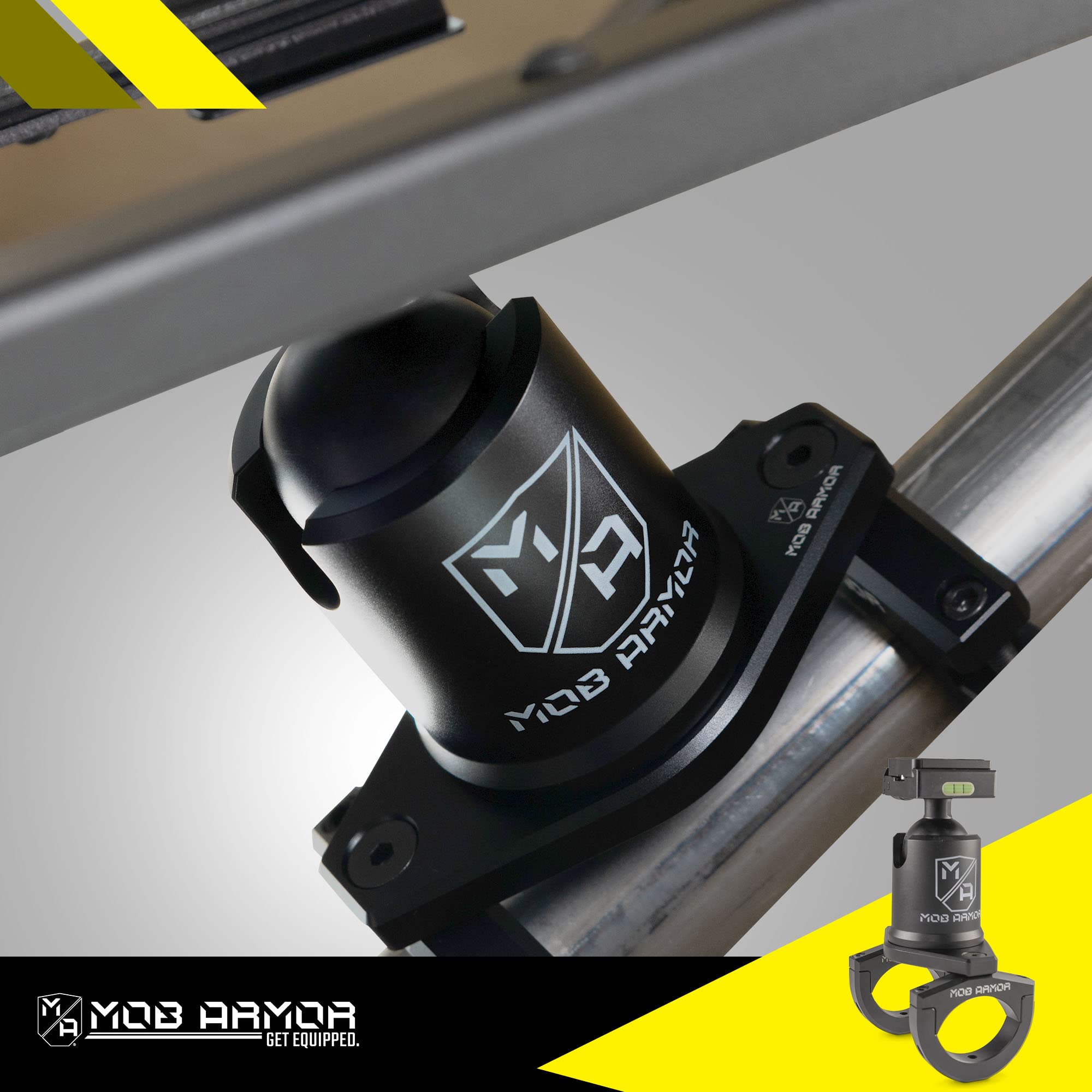 Mob Armor Maxx Tube Mount Quick Release - Adjustable Tablet Holder with Rotating and Tilting Housing, Quick-Detach Mechanism, and Secure Clamp for Mounting on Tubes in Vehicles, Worksites, and Gyms