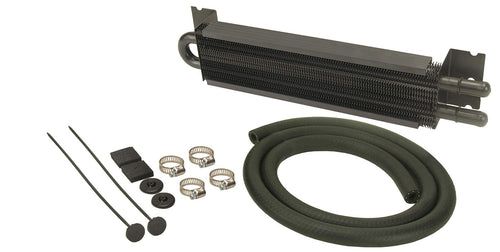 7000 Series Derale Fluid Cooler, 2 Pass, 12.875 x 2.625 x 1.75 in, 11/32 in Hose Barb Inlet/Outlet, Hardware/Hose, Aluminum, Black Anodized, Kit