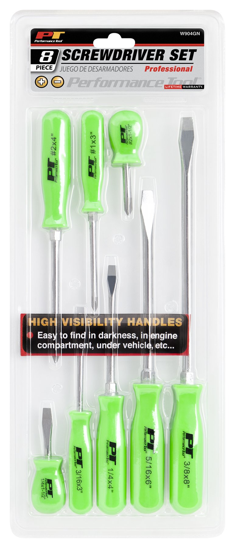 High Visible Performance Tool W904GN Screwdriver Set, 8-Piece, Green
