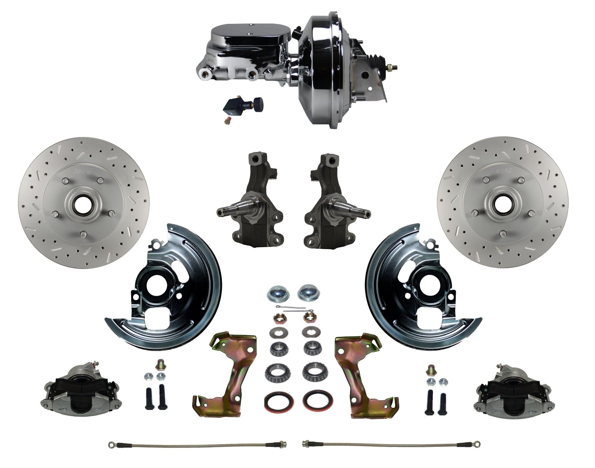 Power Front Disc Brake Conversion Kit LEED BRAKES 2" Drop Spindle Cross Drilled And Slotted Rotors With 9" Chrome Booster Flat Top Chrome M/C Adjustable Proportioning Valve