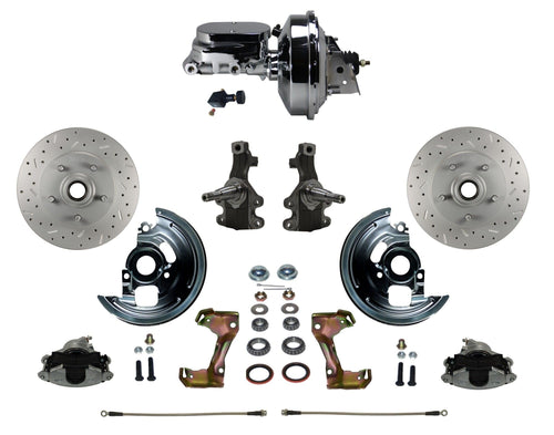Power Front Disc Brake Conversion Kit LEED BRAKES 2" Drop Spindle Cross Drilled And Slotted Rotors With 9" Chrome Booster Flat Top Chrome M/C Adjustable Proportioning Valve