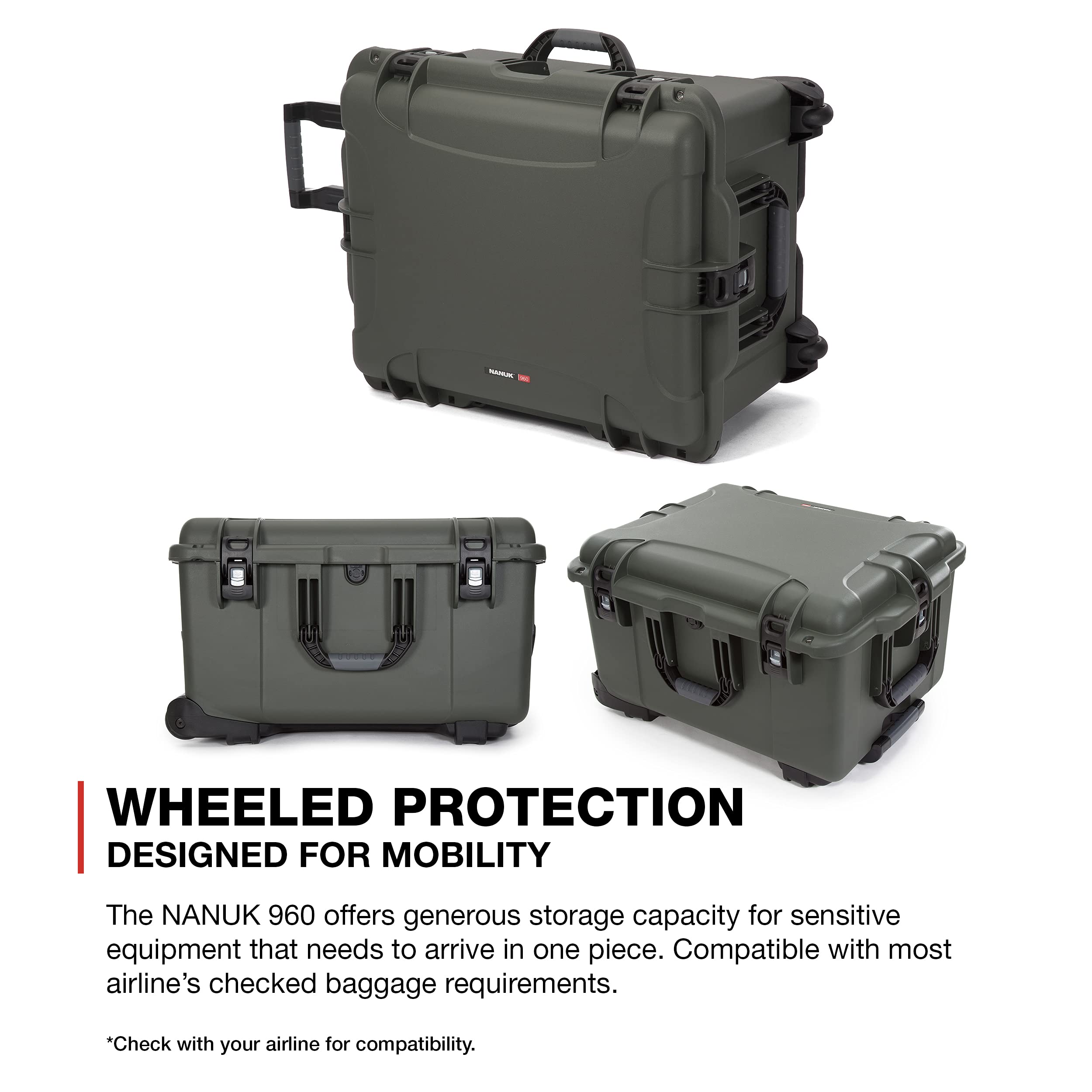 NANUK 960 Wheeled Series Lightweight NK-7 Resin Waterproof Case with Padded Divider, Olive