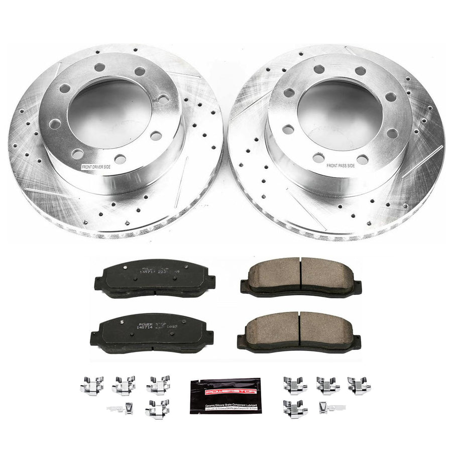 Power Stop K1781 Front Brake Kit Z23 Carbon-Fiber Ceramic Brake Pads and Drilled Slotted Rotors 8 Lug 4WD For 2005-2008 Ford F-250 Super Duty | 2005-2010 Ford F-350 Super Duty|2010-2012 F- 450