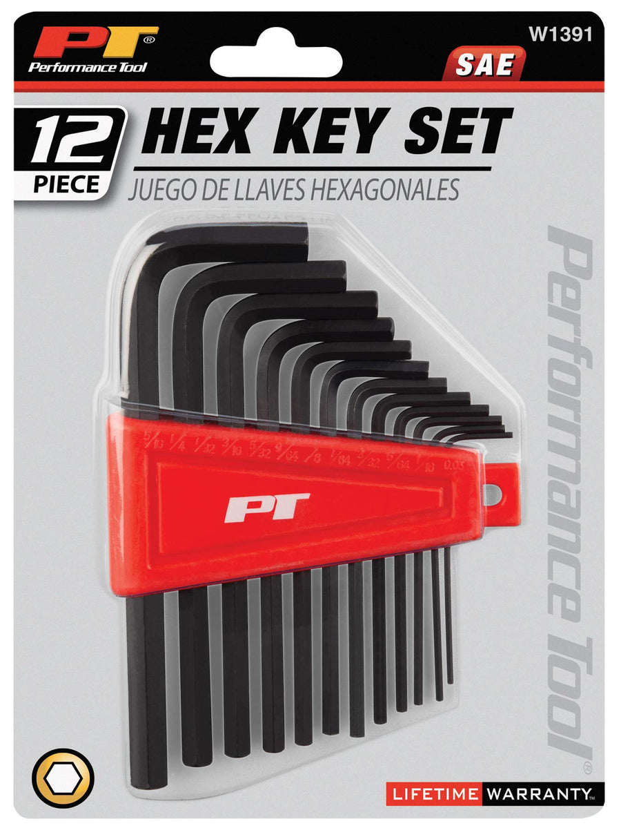12-Piece Performance Tool W1391 Long Arm Hex Key Set - Heat Treated Alloy Steel, Includes Plastic Holder for Storage, SAE Sizes: 050-5/16-Inch