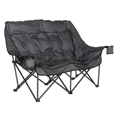 Lippert Heated Big Bear Dark Grey Folding Camping Loveseat with Power Banks, Four Heat Zones, 600-lb. Weight Capacity, 600D Polyester Fabric, High-Loft Cushioning, Zippered Carrying Bag - 2024043335