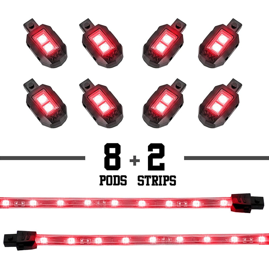 2nd Gen Red Premium 8 Pod 2 Strip LED Motorcycle Engine & Ground Neon Accent Light Kit with 4-key Remote for Harley Davidson Honda Yamaha Suzuki Kawasaki Ducati Indian Victory …