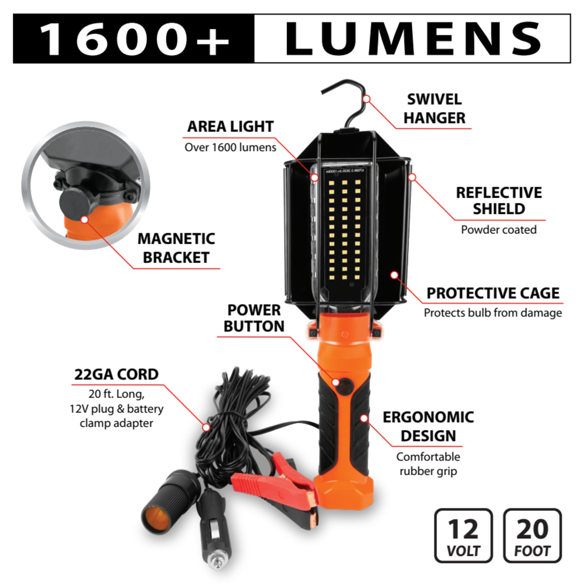 LED Drop Light Performance Tool W2238 with Magnetic Bracket and USB Port, 1600 Lumens, 20ft Cord, Battery Clamp Adapter, Impact Resistant Handle