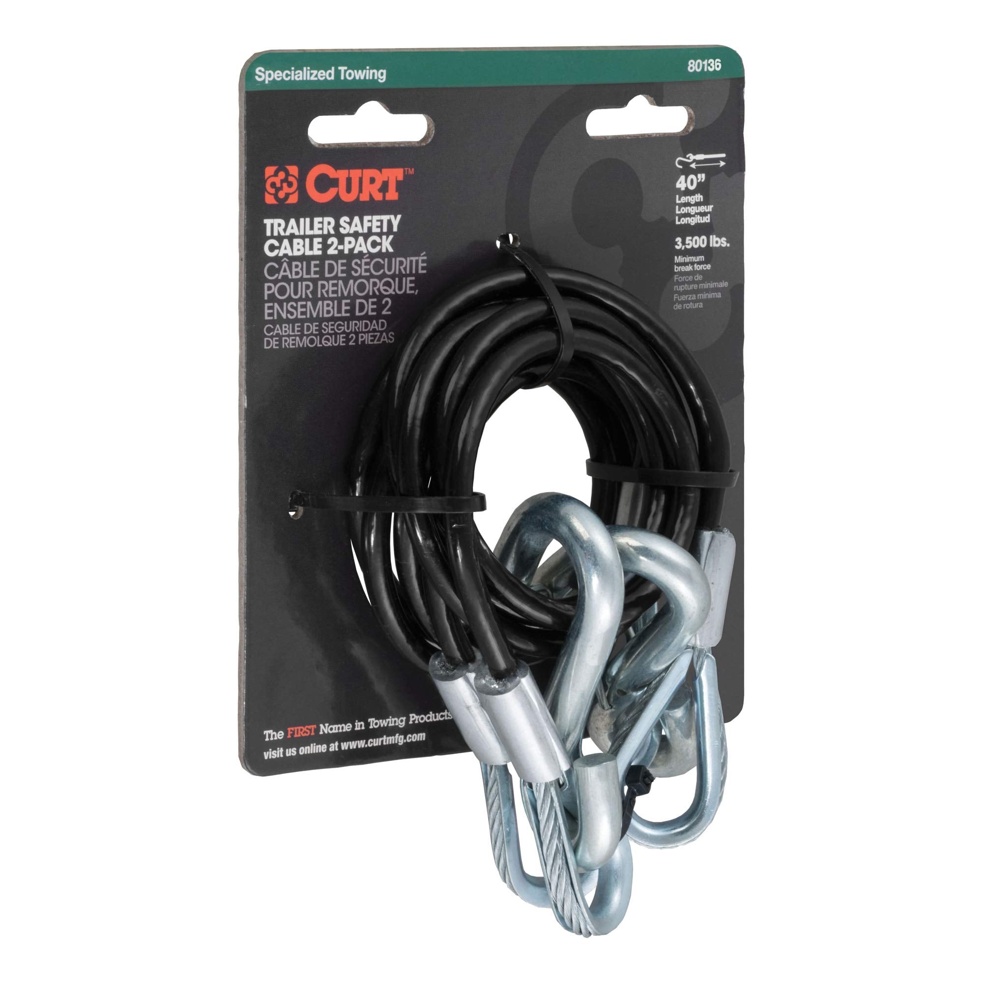 CURT 80136 Trailer Safety Cables, 43-7/8-Inch Vinyl-Coated, 3/8-In Snap Hooks, 2-Pack, 3,500 lbs Break Strength