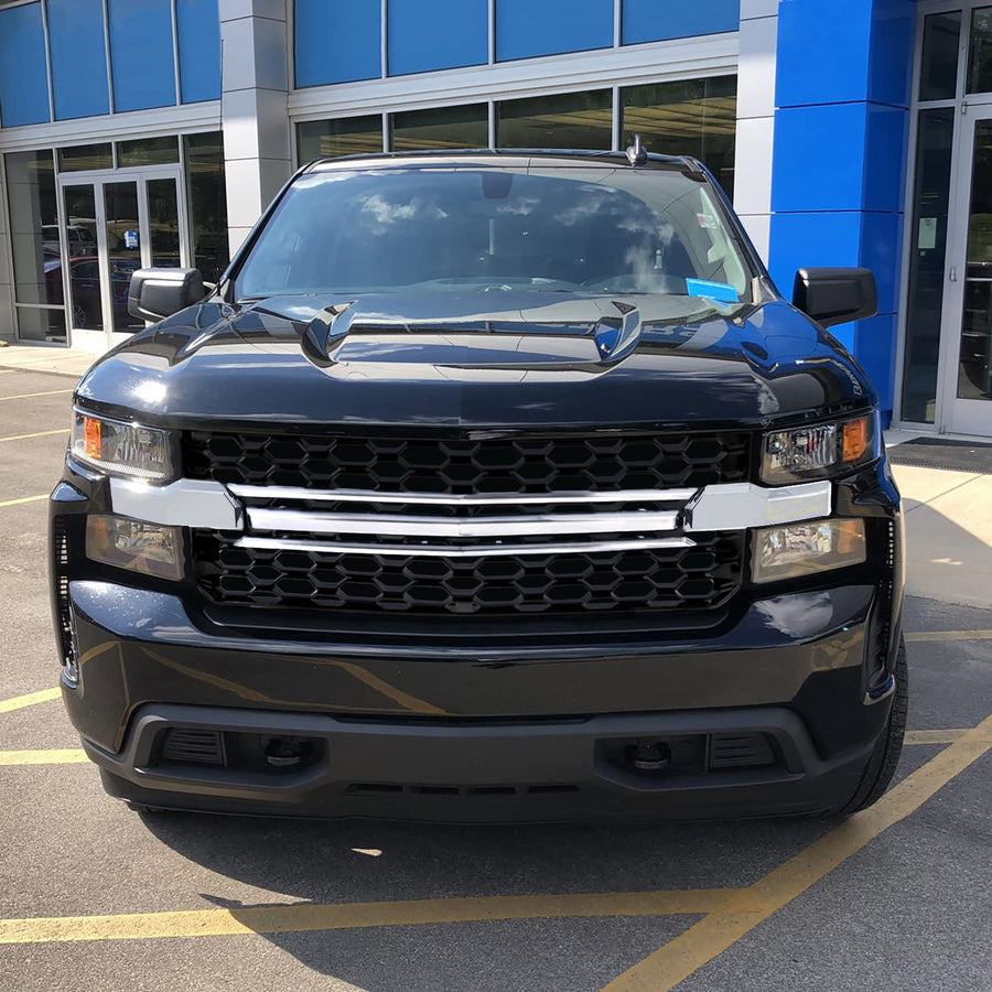 Black Honeycomb Front Bumper Hood Grill Grille w/Chrome Trim Spec-D Tuning Compatible with 2019-2022 Chevy Silverado 1500 WT